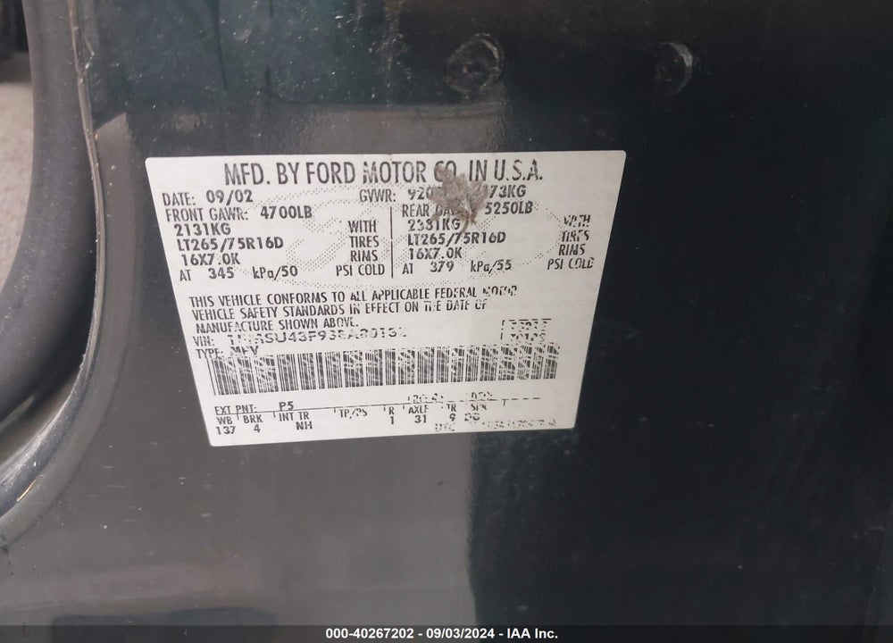 2003 FORD EXCURSION LIMITED VIN: 1FMSU43F93EA80132
