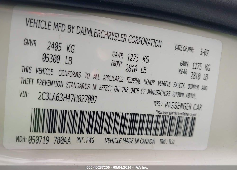 2007 CHRYSLER 300C VIN: 2C3LA63H47H827007