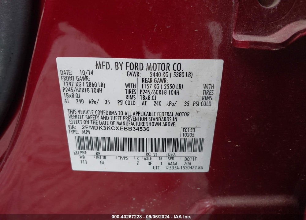 2014 FORD EDGE LIMITED VIN: 2FMDK3KCXEBB34536