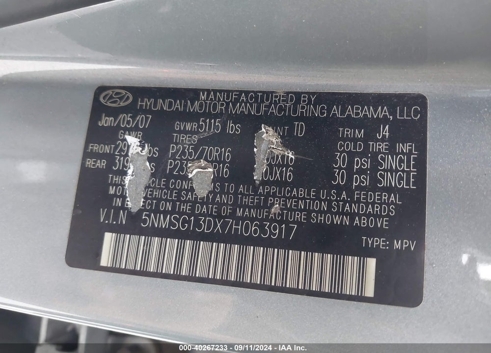 2007 HYUNDAI SANTA FE GLS VIN: 5NMSG13DX7H063917