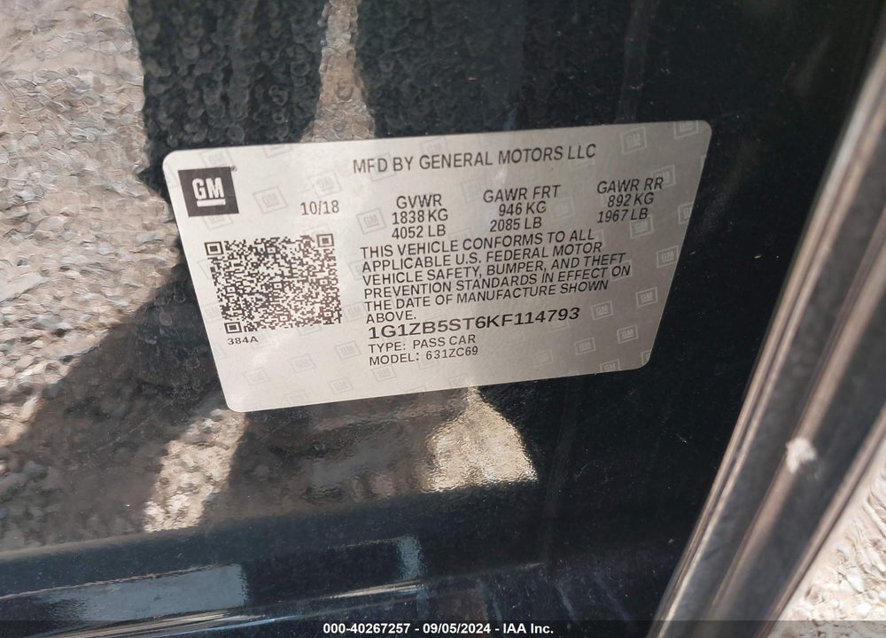 2019 CHEVROLET MALIBU 1LS VIN: 1G1ZB5ST6KF114793
