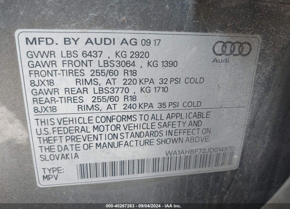 2018 AUDI Q7 2.0T PREMIUM VIN: WA1AHBF72JD014970