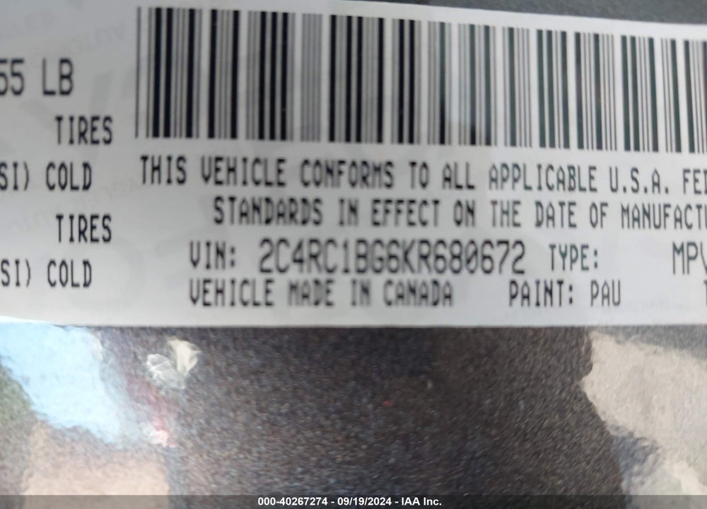 2019 CHRYSLER PACIFICA TOURING L VIN: 2C4RC1BG6KR680672