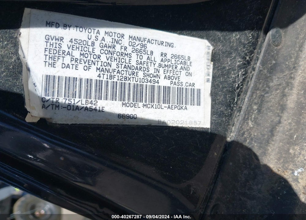 1996 TOYOTA AVALON XL/XLS VIN: 4T1BF12BXTU103494