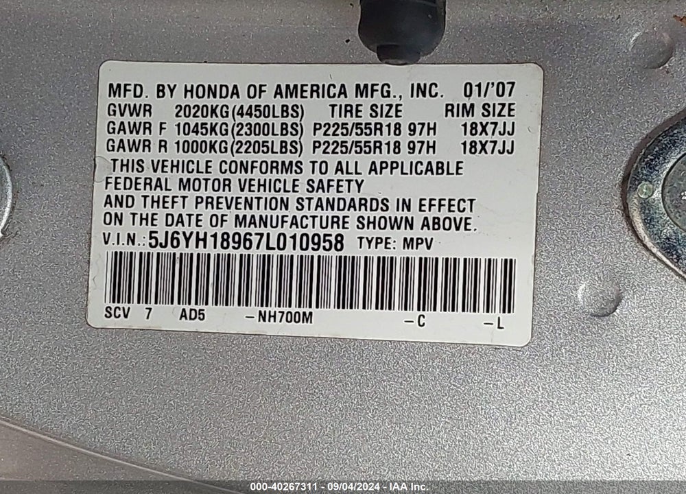2007 HONDA ELEMENT SC VIN: 5J6YH18967L010958