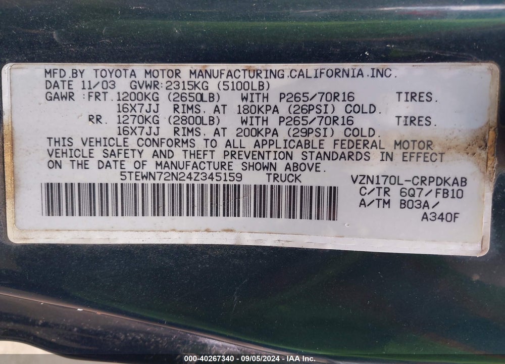 2004 TOYOTA TACOMA BASE V6 VIN: 5TEWN72N24Z345159