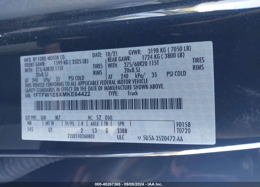 2021 FORD F-150 XLT VIN: 1FTFW1E8XMKE64422