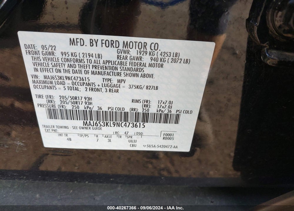 2022 FORD ECOSPORT TITANIUM VIN: MAJ6S3KL9NC473615