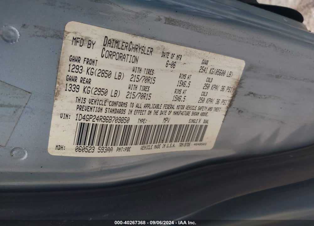 2006 DODGE GRAND CARAVAN VIN: 1D4GP24R96B709850