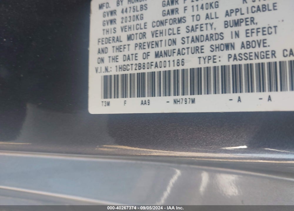 2015 HONDA ACCORD EX-L V-6 VIN: 1HGCT2B80FA001186