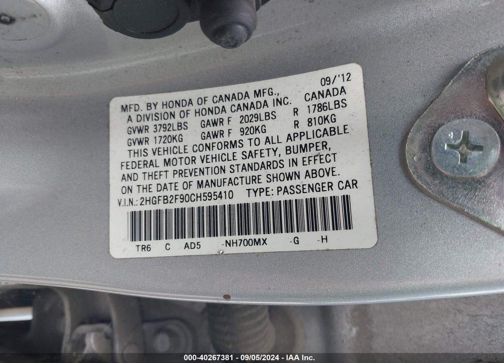 2012 HONDA CIVIC EX-L VIN: 2HGFB2F90CH595410