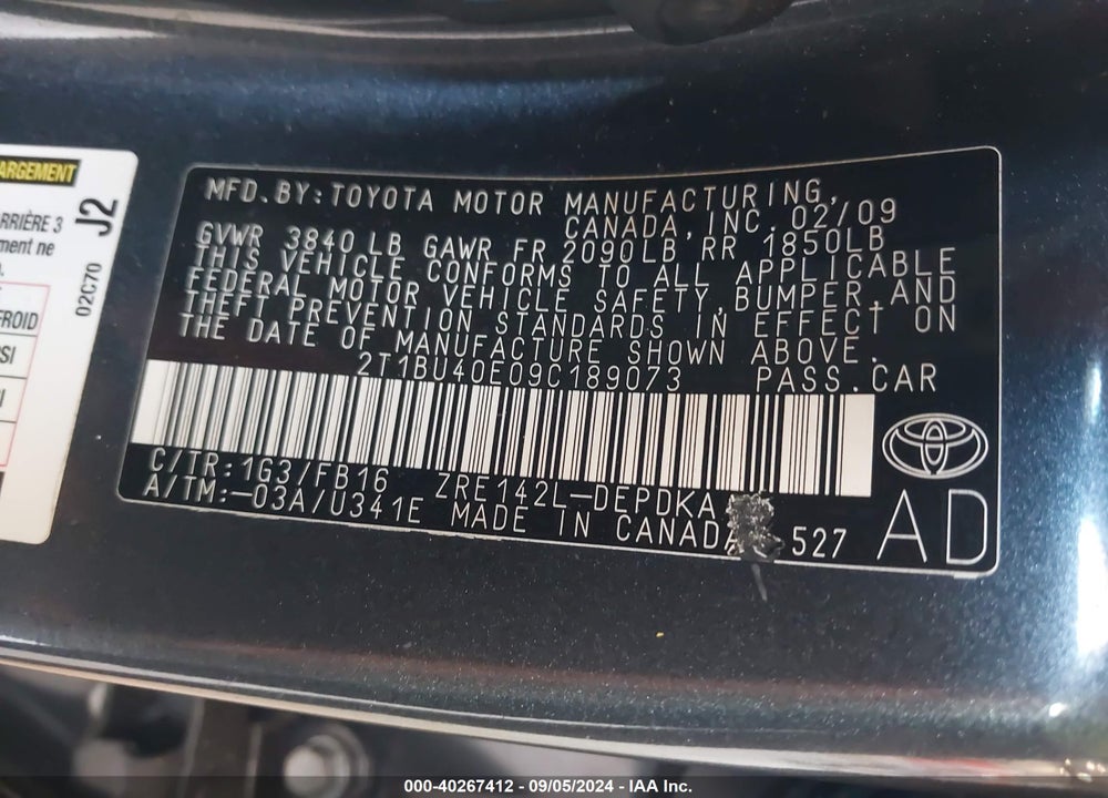 2009 TOYOTA COROLLA LE VIN: 2T1BU40E09C189073