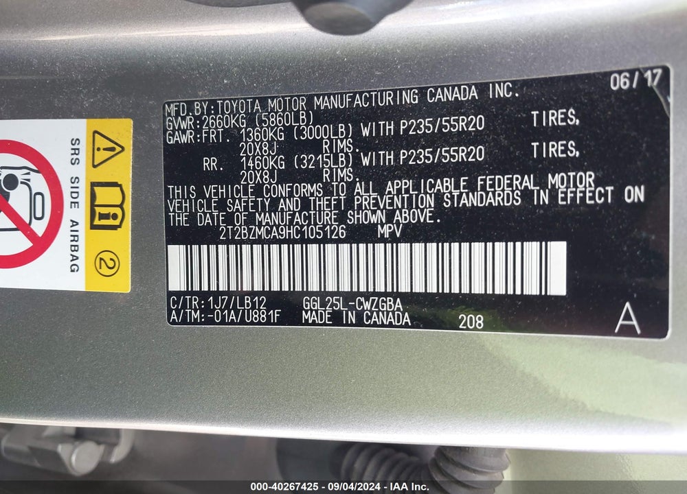 2017 LEXUS RX 350 VIN: 2T2BZMCA9HC105126