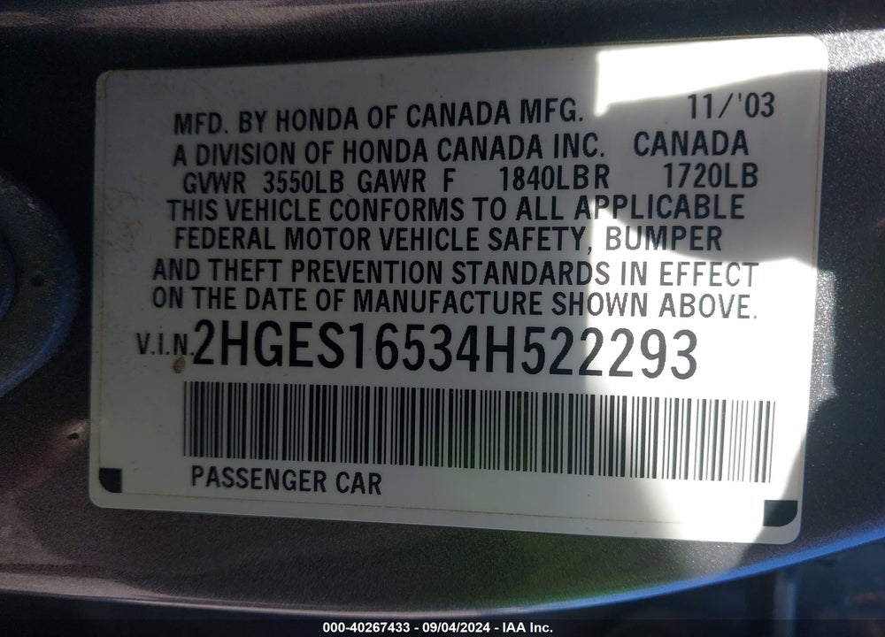 2004 HONDA CIVIC LX VIN: 2HGES16534H522293