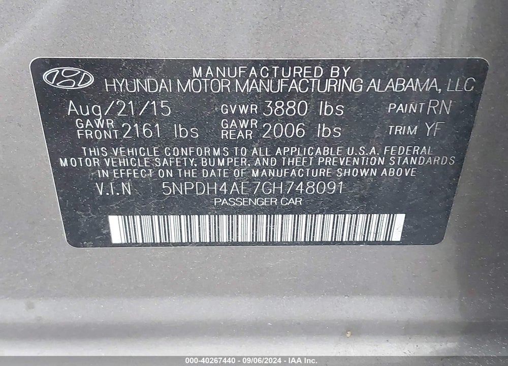 2016 HYUNDAI ELANTRA SE VIN: 5NPDH4AE7GH748091