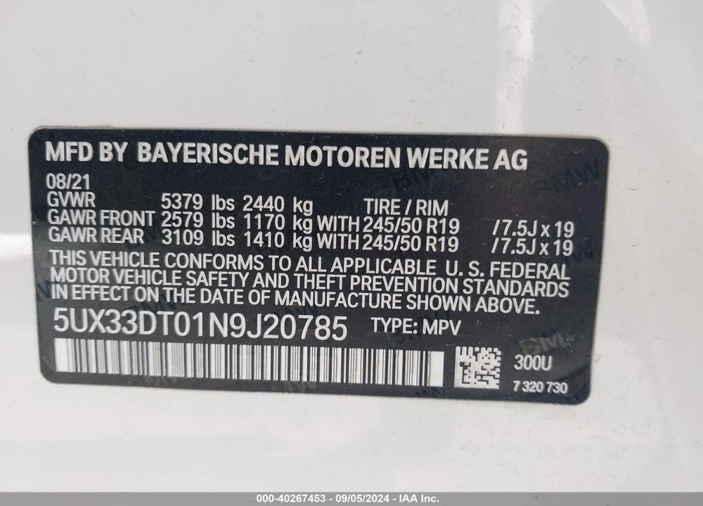 2022 BMW X4 XDRIVE30I VIN: 5UX33DT01N9J20785