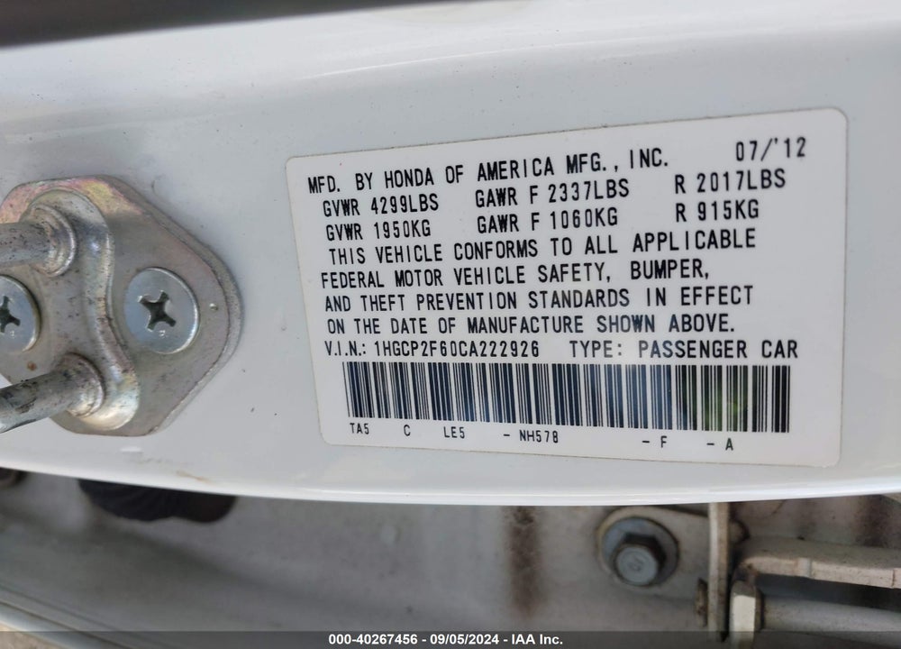 2012 HONDA ACCORD 2.4 SE VIN: 1HGCP2F60CA222926