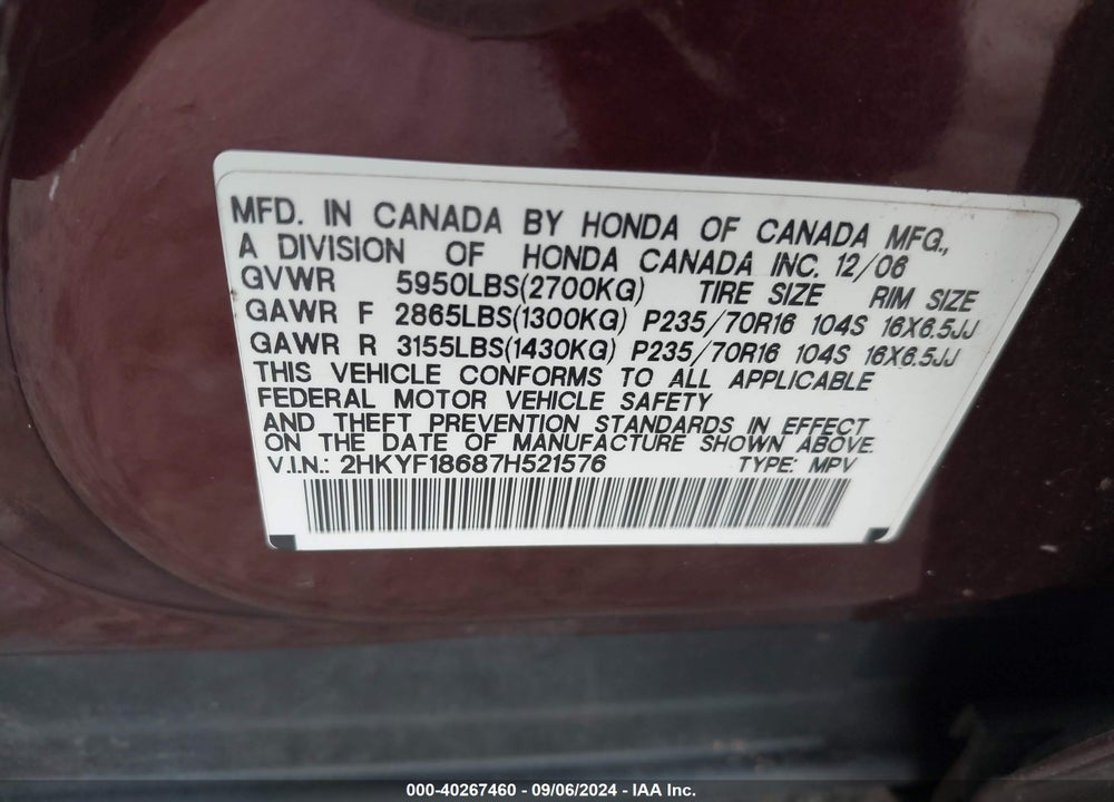 2007 HONDA PILOT EX-L VIN: 2HKYF18687H521576