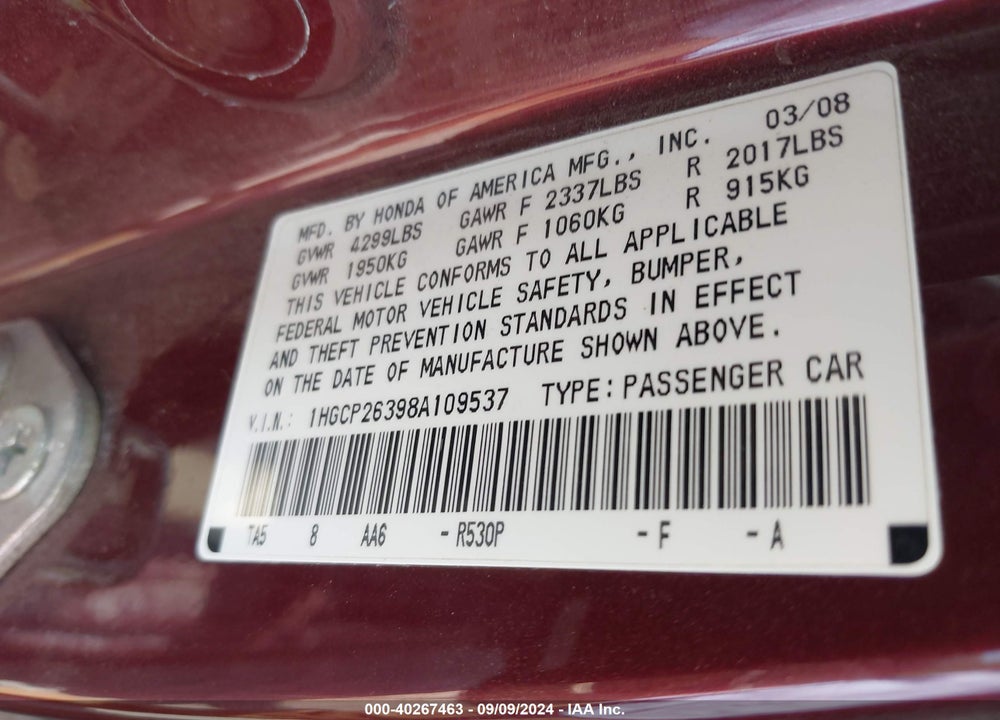 2008 HONDA ACCORD 2.4 LX VIN: 1HGCP26398A109537