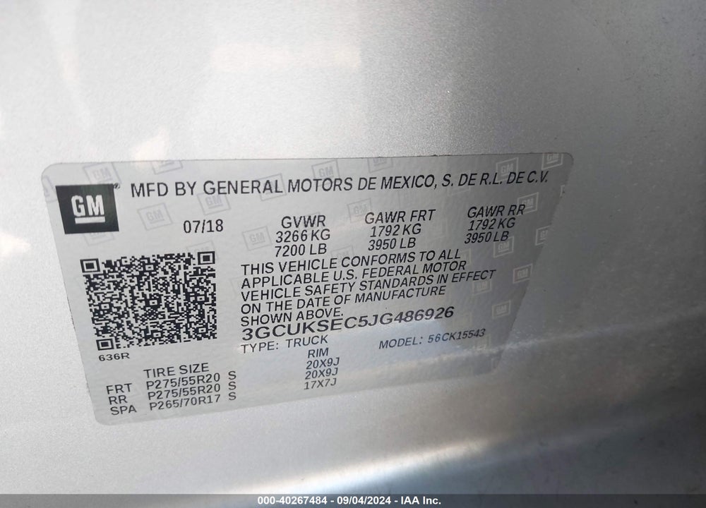 2018 CHEVROLET SILVERADO 1500 2LZ VIN: 3GCUKSEC5JG486926
