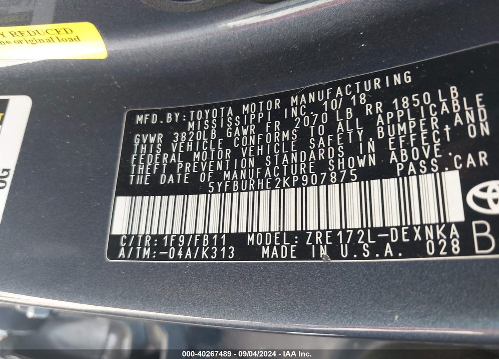 2019 TOYOTA COROLLA LE VIN: 5YFBURHE2KP907875