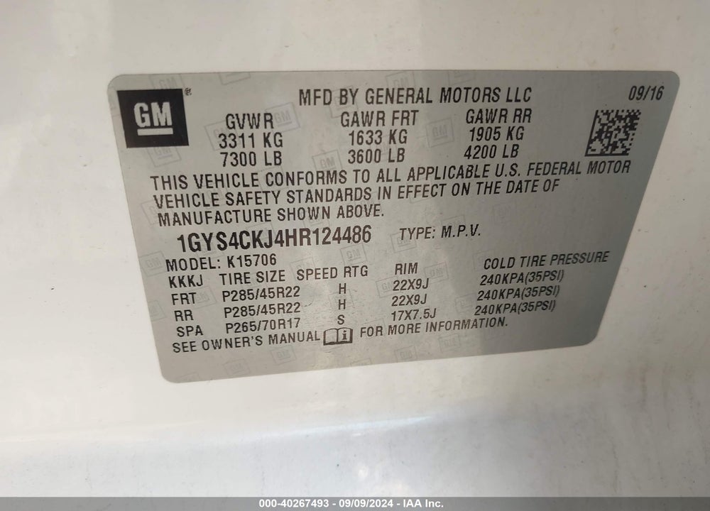2017 CADILLAC ESCALADE PREMIUM LUXURY VIN: 1GYS4CKJ4HR124486