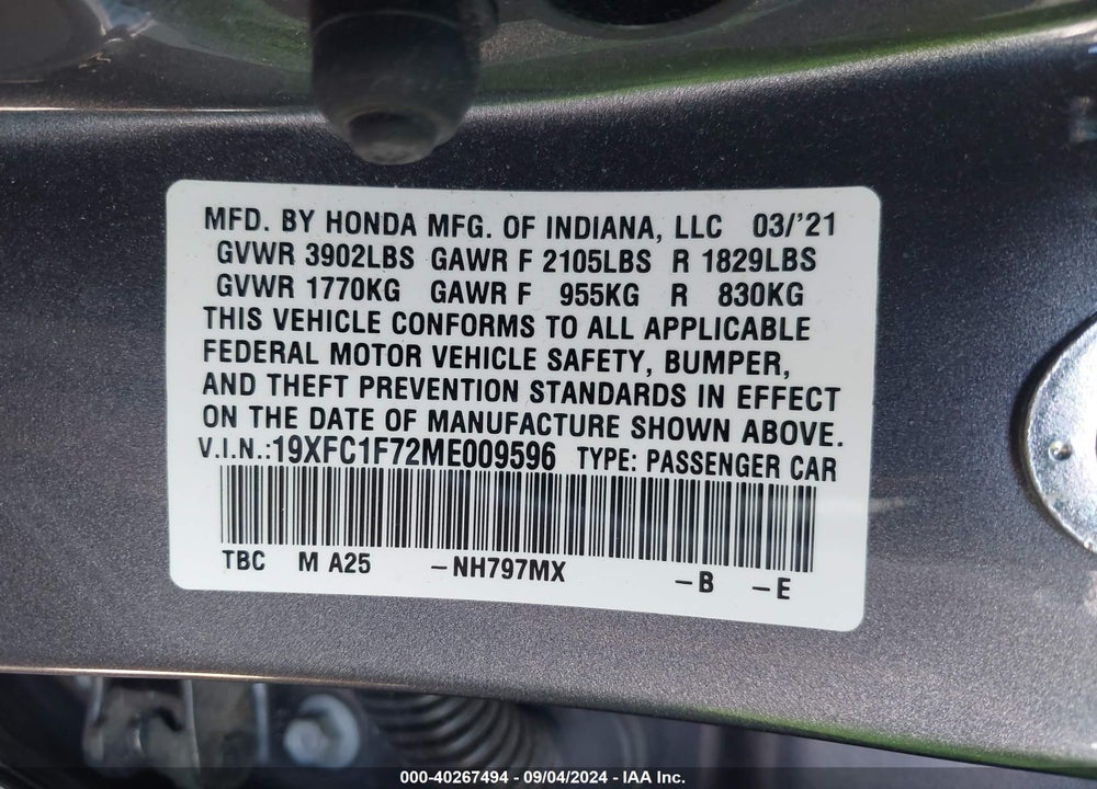 2021 HONDA CIVIC EX-L VIN: 19XFC1F72ME009596