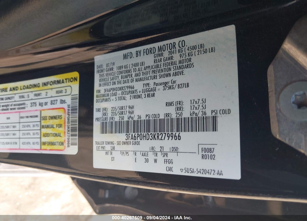 2019 FORD FUSION VIN: 3FA6P0HD3KR279966