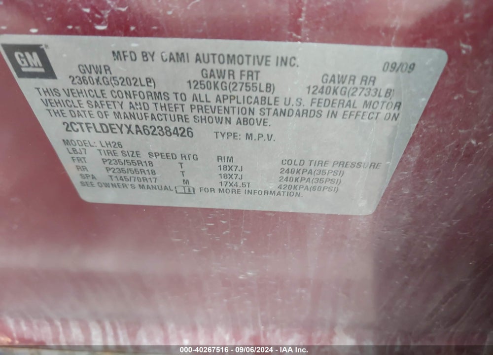 2010 GMC TERRAIN SLE-2 VIN: 2CTFLDEYXA6238426