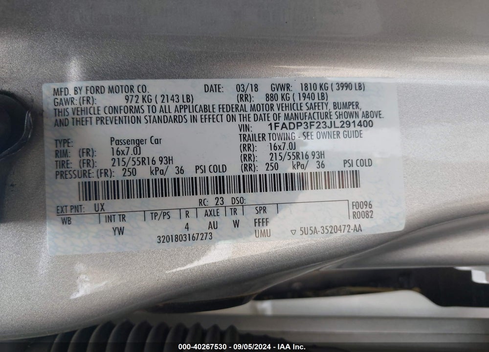 2018 FORD FOCUS SE VIN: 1FADP3F23JL291400