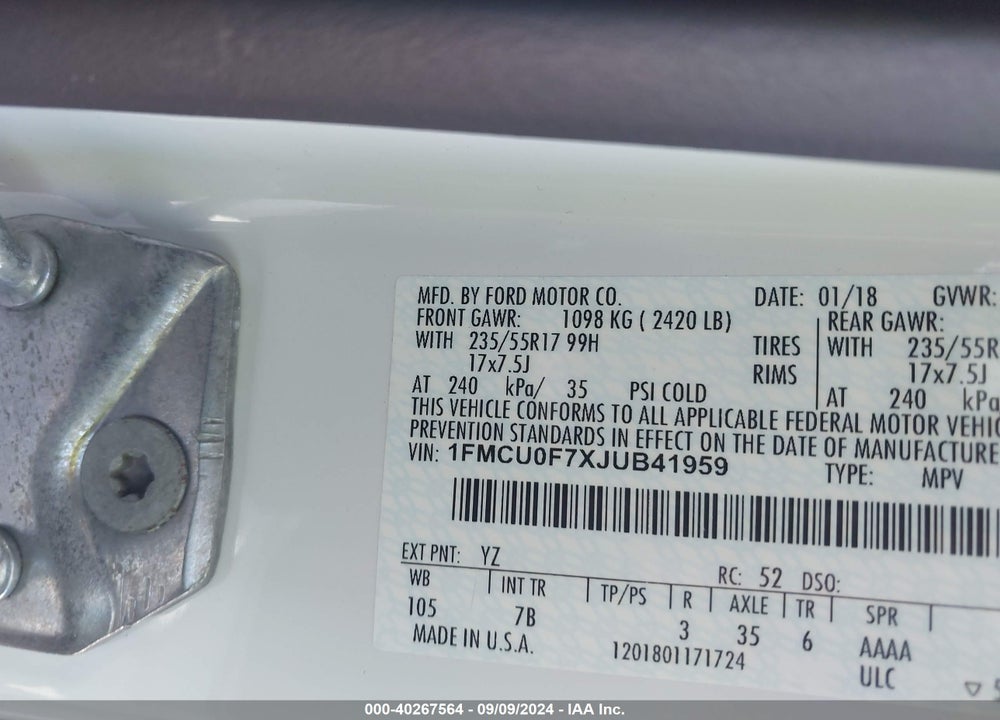 2018 FORD ESCAPE S VIN: 1FMCU0F7XJUB41959