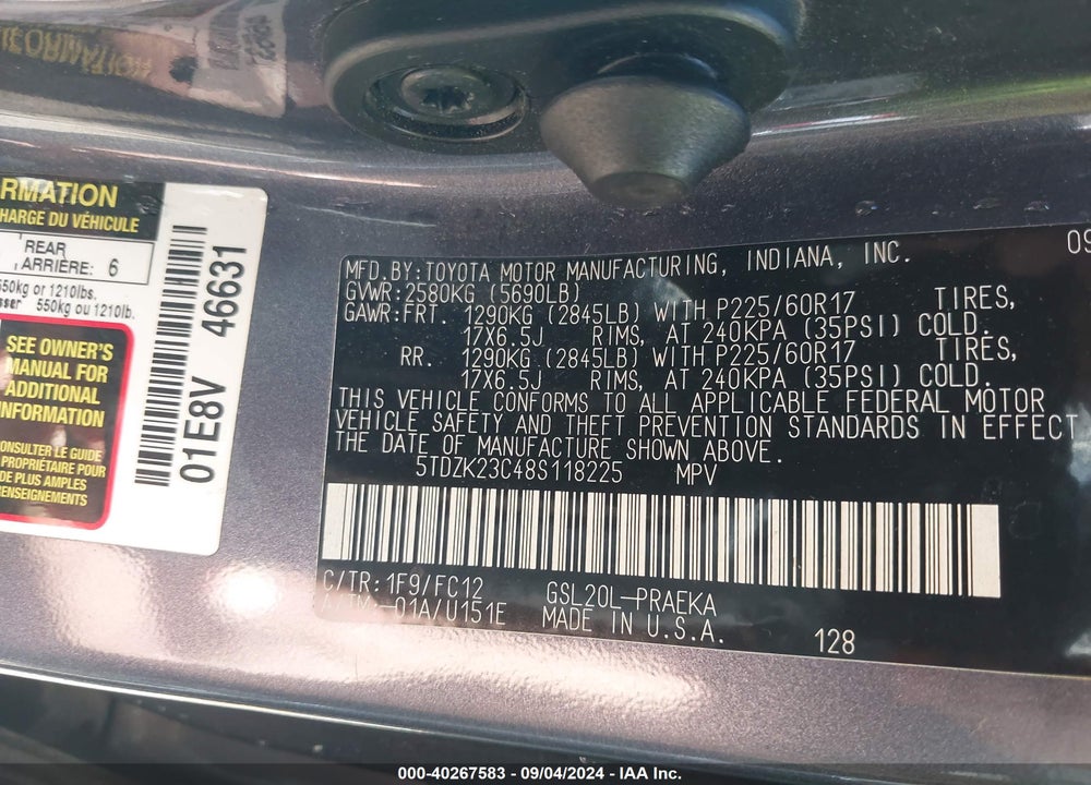 2008 TOYOTA SIENNA VIN: 5TDZK23C48S118225