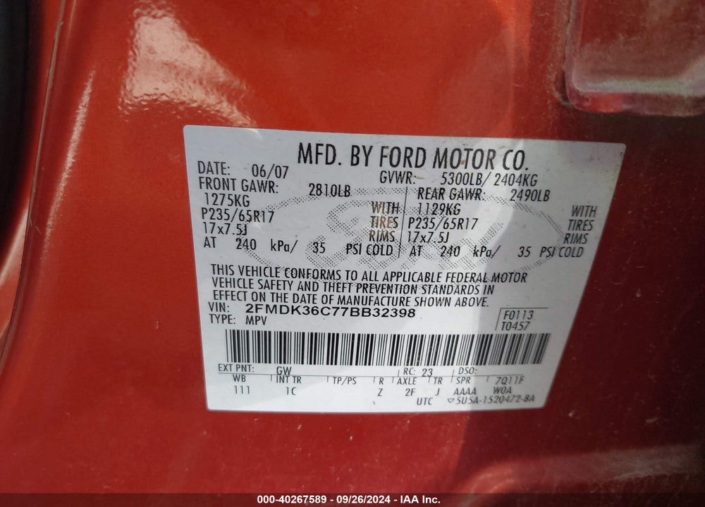 2007 FORD EDGE SE VIN: 2FMDK36C77BB32398