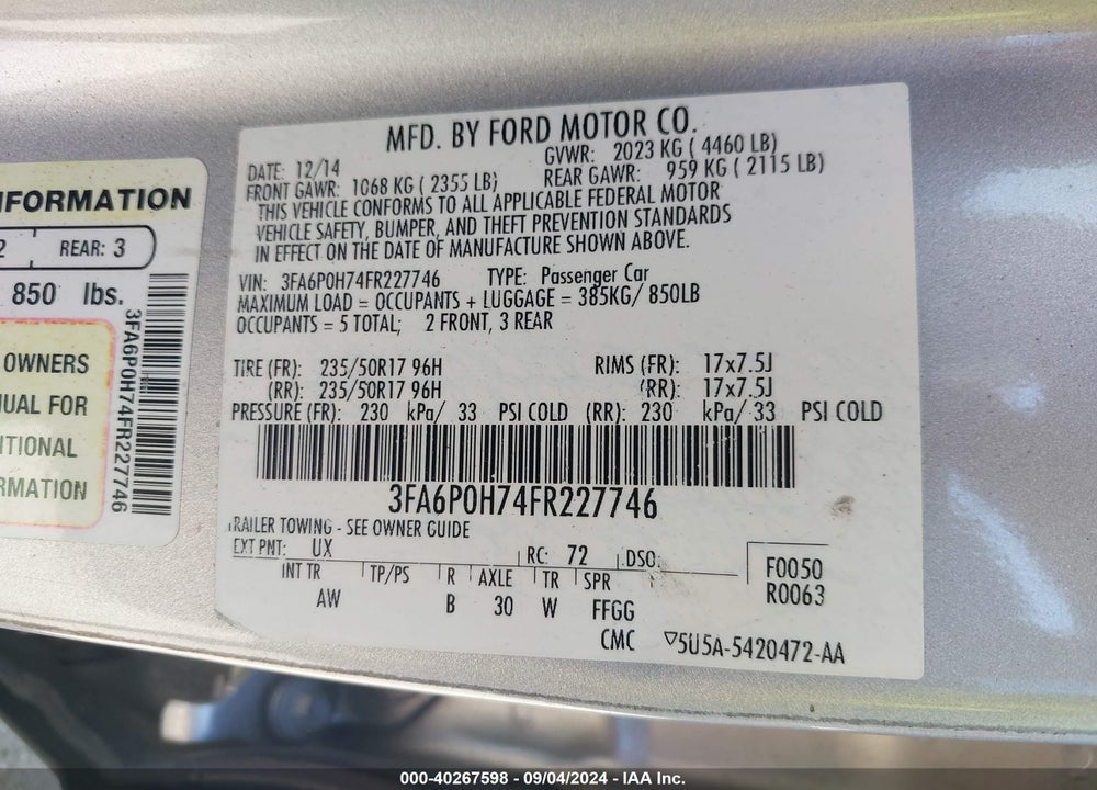 2015 FORD FUSION SE VIN: 3FA6P0H74FR227746