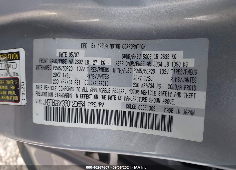 2007 MAZDA CX-9 GRAND TOURING VIN: JM3TB28Y370120664