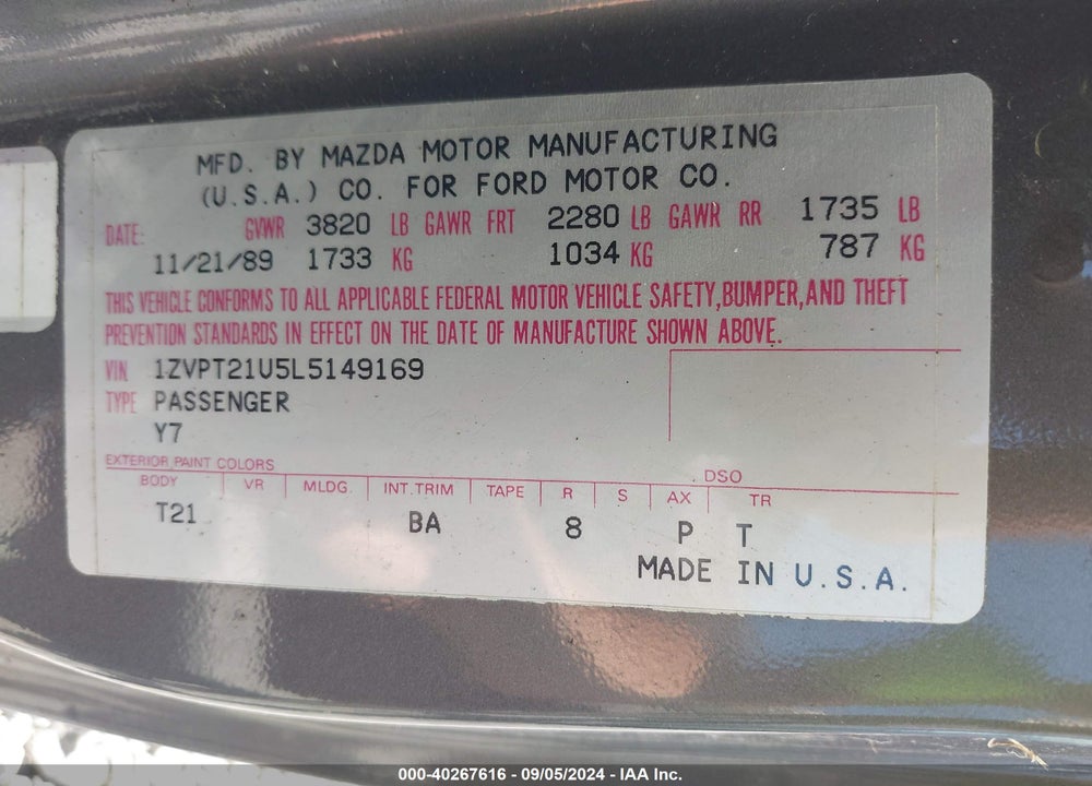 1990 FORD PROBE LX VIN: 1ZVPT21U5L5149169