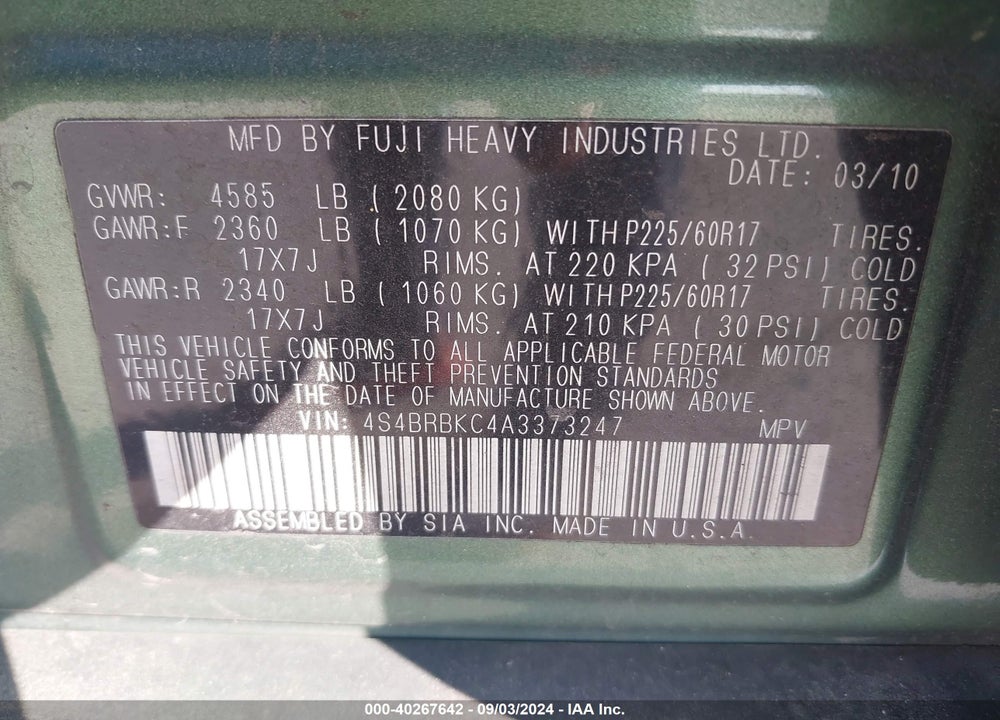 2010 SUBARU OUTBACK 2.5I LIMITED VIN: 4S4BRBKC4A3373247