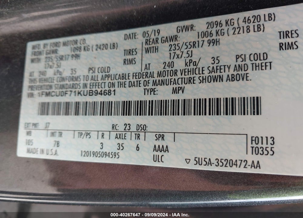 2019 FORD ESCAPE S VIN: 1FMCU0F71KUB94681