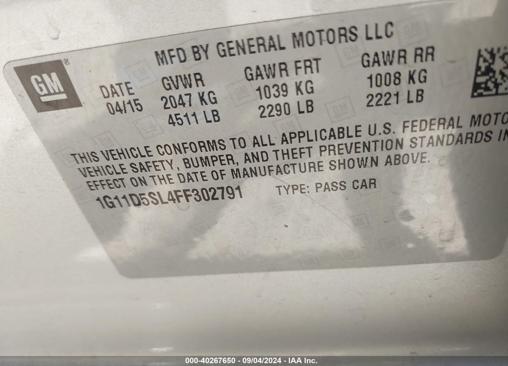 2015 CHEVROLET MALIBU 2LT VIN: 1G11D5SL4FF302791