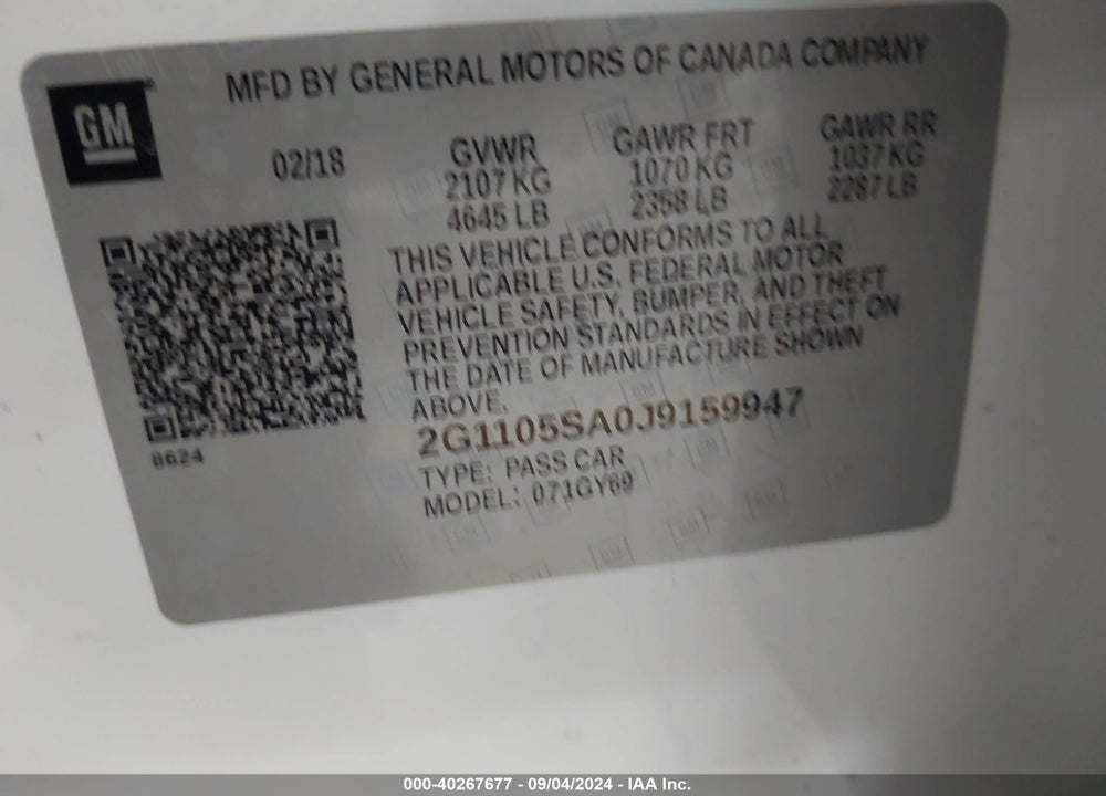 2018 CHEVROLET IMPALA 1LT VIN: 2G1105SA0J9159947