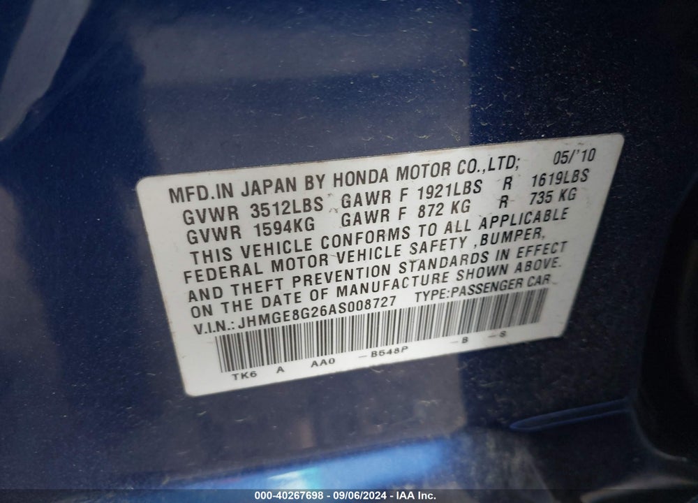 2010 HONDA FIT VIN: JHMGE8G26AS008727