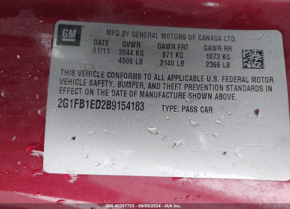 2011 CHEVROLET CAMARO 1LT VIN: 2G1FB1ED2B9154183