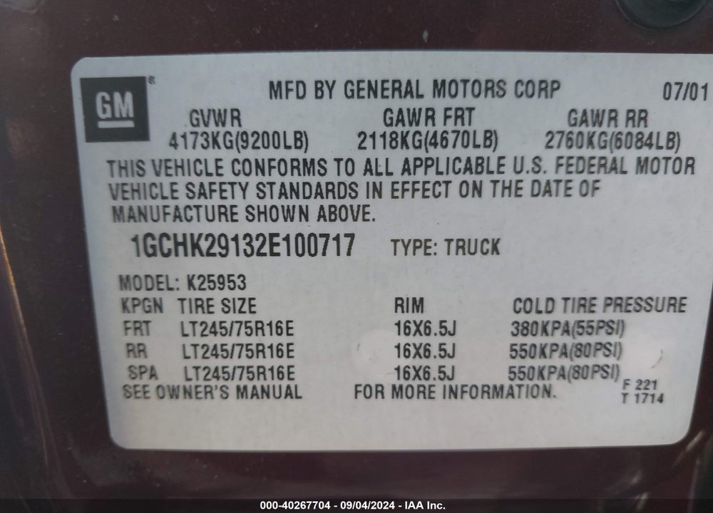2002 CHEVROLET SILVERADO 2500HD LS VIN: 1GCHK29132E100717