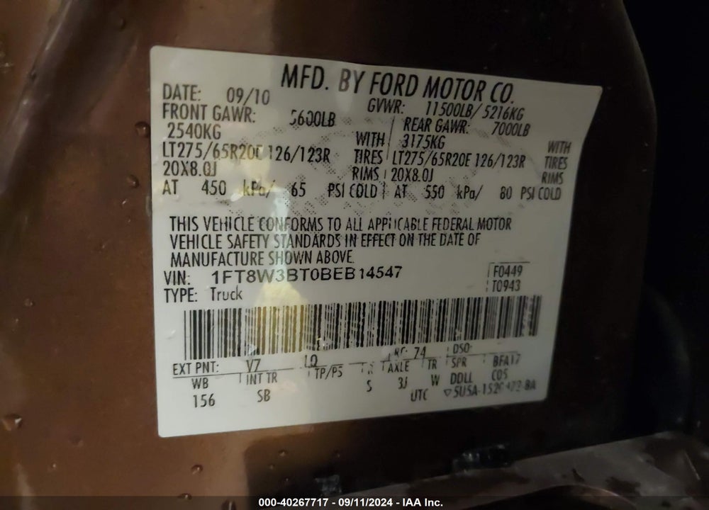 2011 FORD F-350 LARIAT VIN: 1FT8W3BT0BEB14547