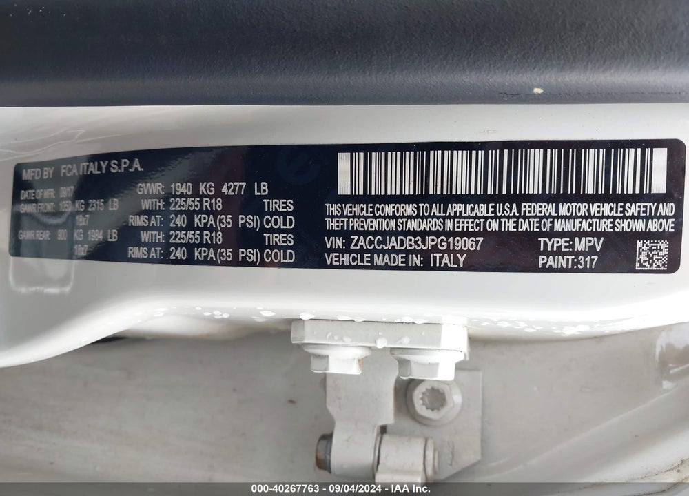 2018 JEEP RENEGADE LIMITED FWD VIN: ZACCJADB3JPG19067