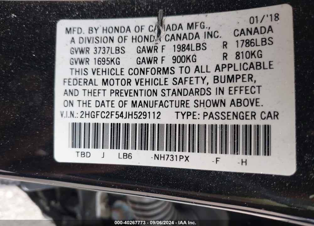 2018 HONDA CIVIC LX VIN: 2HGFC2F54JH529112