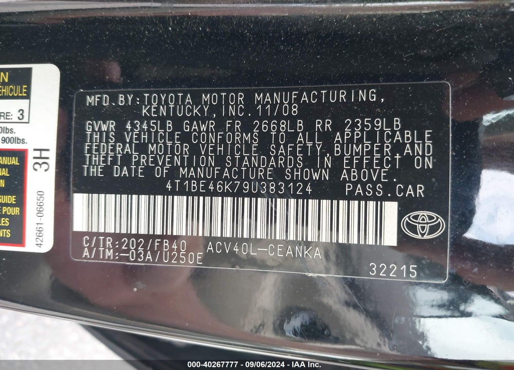 2009 TOYOTA CAMRY LE VIN: 4T1BE46K79U383124