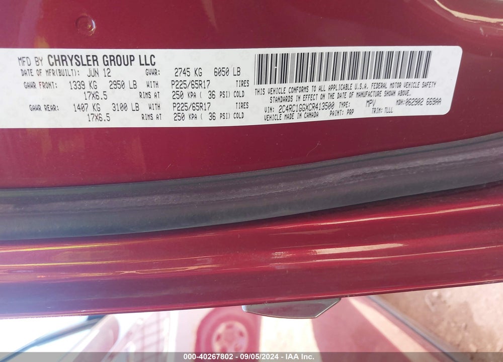 2012 CHRYSLER TOWN & COUNTRY LIMITED VIN: 2C4RC1GGXCR413500