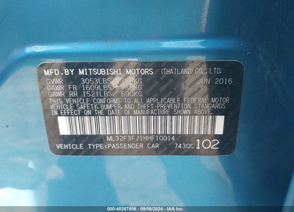 2017 MITSUBISHI MIRAGE G4 ES VIN: ML32F3FJ1HHF10014