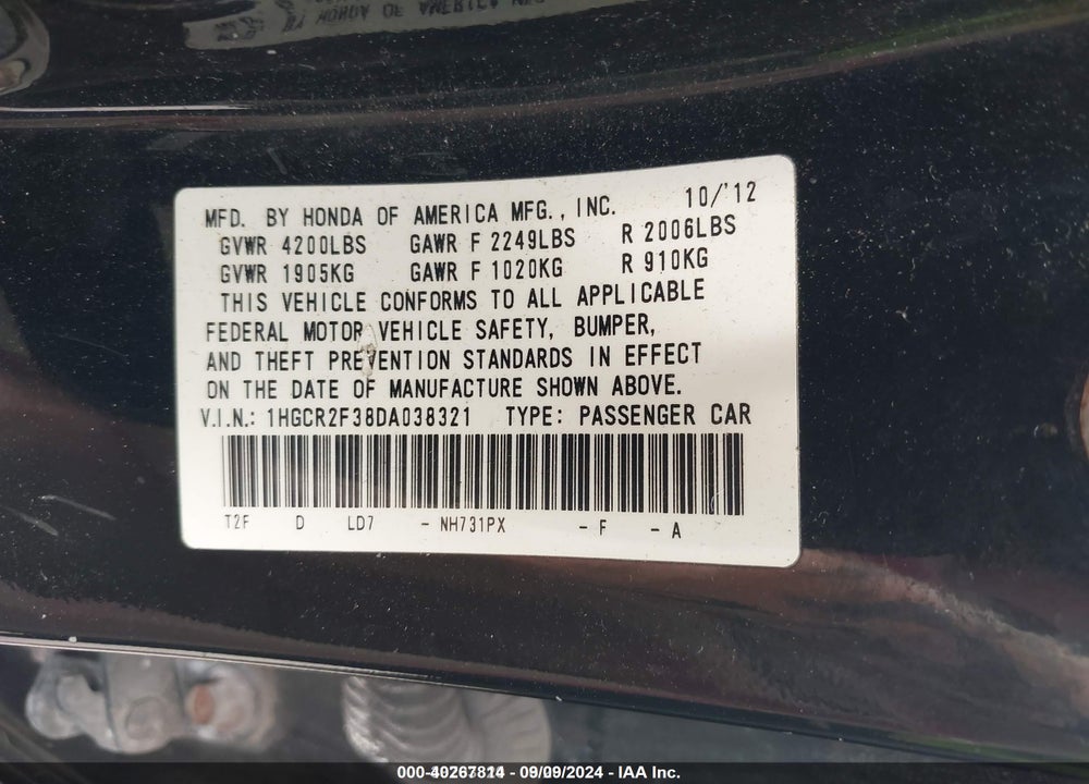 2013 HONDA ACCORD LX VIN: 1HGCR2F38DA038321